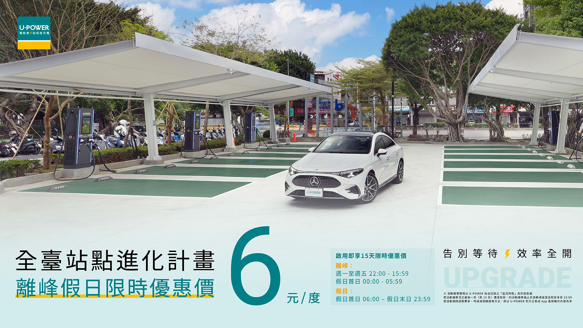 圖1_U-POWER 正式啟動「全臺站點進化計畫」，持續提升場站設備規格與充電量能，並同步推出15日限定優惠，離峰及假日時段每度電享6元優惠費率
